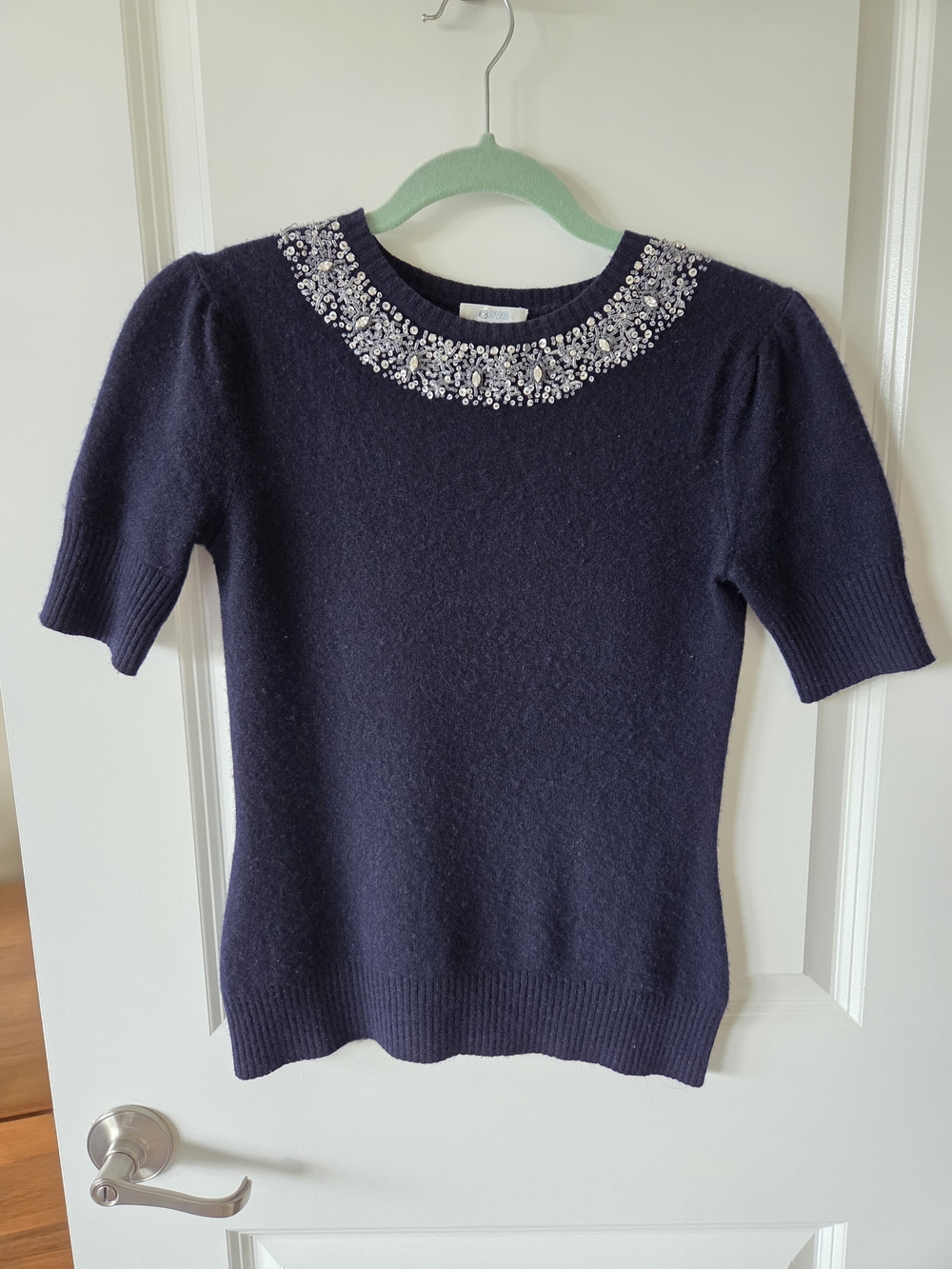 Beaded Cashmere Navy Short-Sleeve Crewneck Sweater
